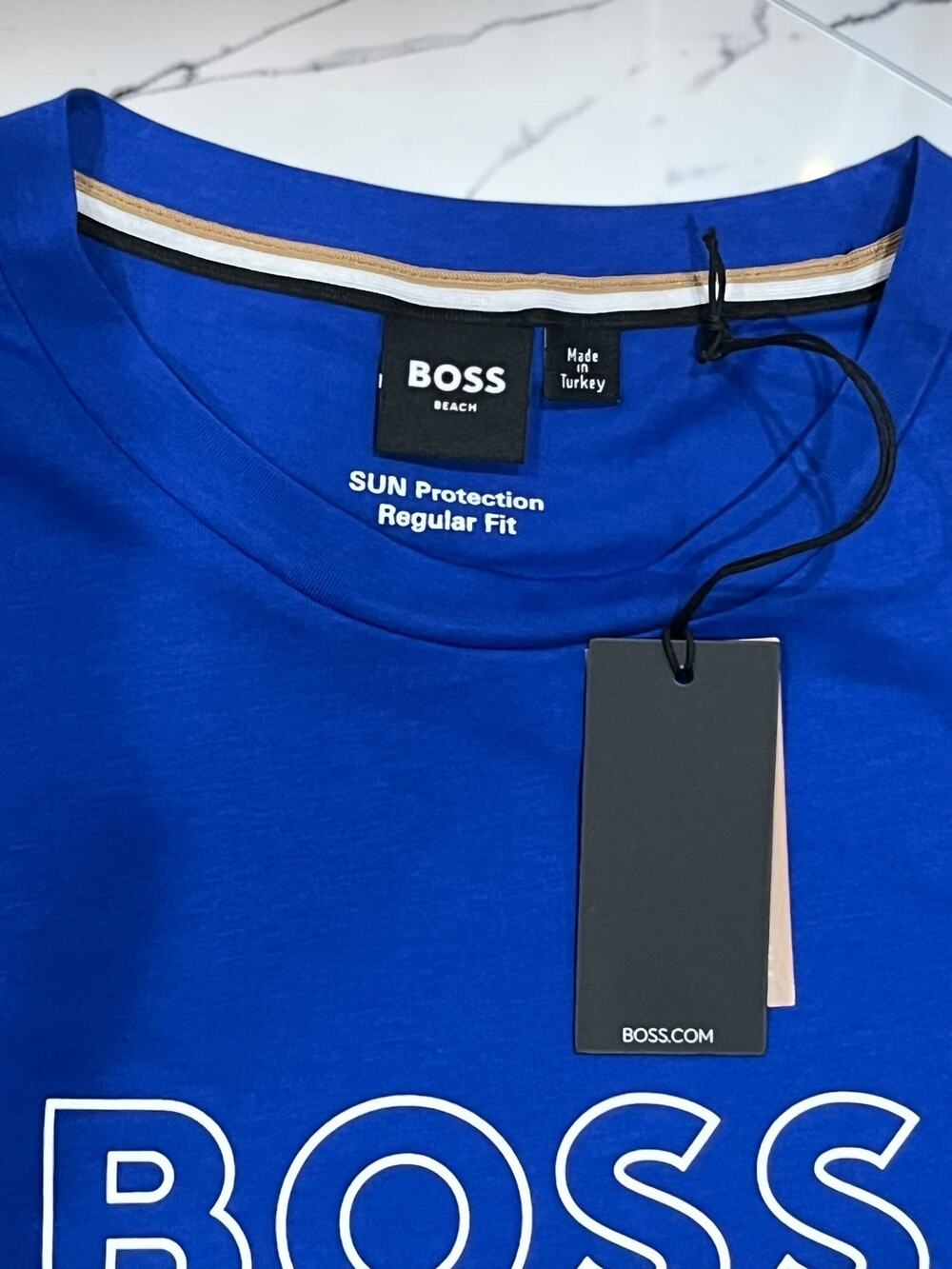 BOSS Men’s Small Blue Logo T-Shirt Regular Fit Sun Protection Short Sleeve NWT
